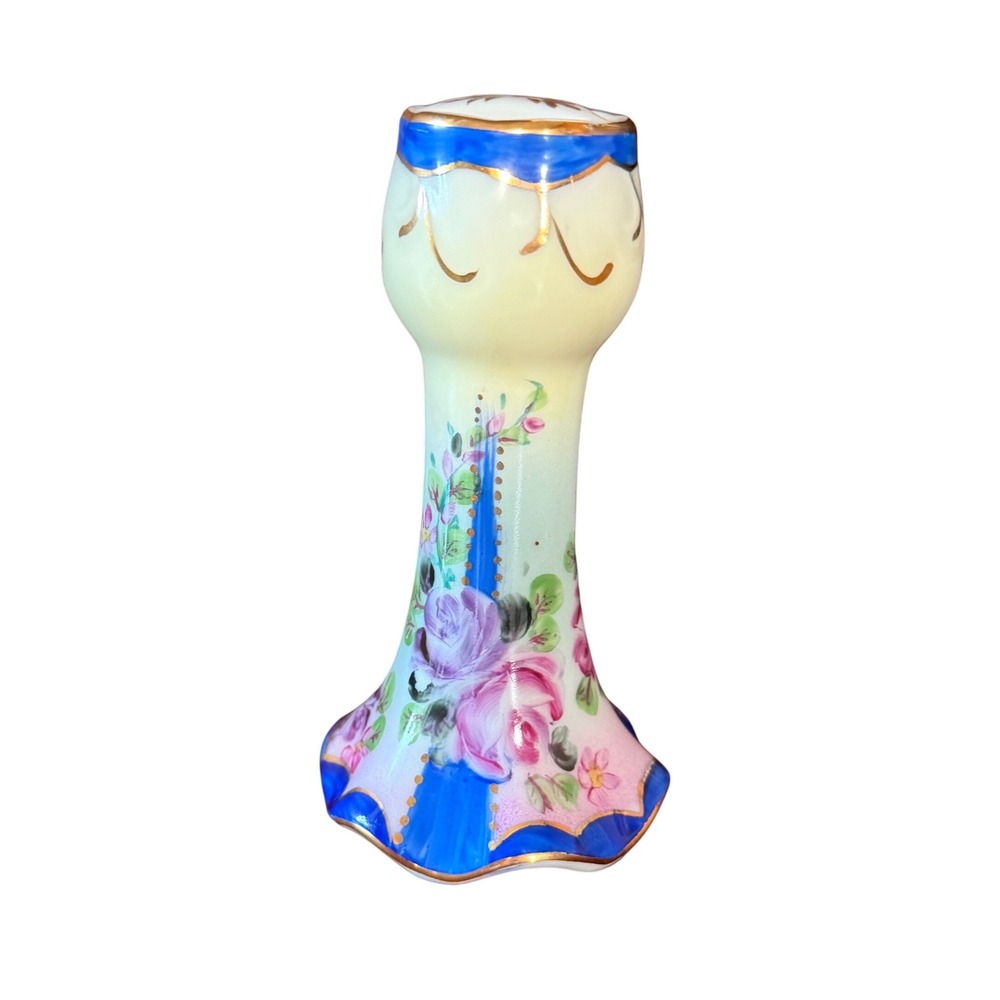 Vintage Hand Painted Nippon Floral Porcelain Hatpin Holder Cobalt Blue Gold Trim